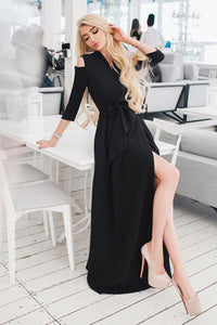 A-Line V-Neck 3/4 Sleeves Cold Shoulder Black Long Prom Dress with Split Sash CAD64 | Cathyprom