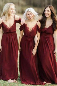 A-Line Spaghetti Straps Floor-Length Dark Red Chiffon Bridesmaid Dress with Lace OHS009 | Cathyprom