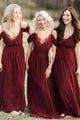 A-Line Spaghetti Straps Floor-Length Dark Red Chiffon Bridesmaid Dress with Lace OHS009 | Cathyprom