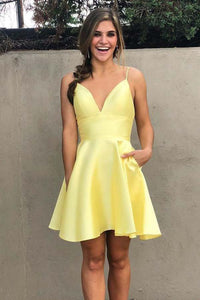 Sleeveless V Neck Satin Straps Homecoming Dresses Short Prom Dress OHM001 | Cathyprom