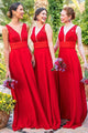 A-Line V-Neck Backless Floor-Length Red Chiffon Bridesmaid Dress with Lace OHS059 | Cathyprom