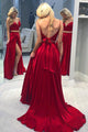 Two Piece Spaghetti Straps Backless Sweep Train Red Prom Dress with Split PD7
