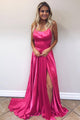 A-Line Spaghetti Straps Lace Up Sweep Train Fuchsia Prom Dress with Split CAD66 | Cathyprom