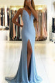 Mermaid V-Neck Backless Sweep Train Blue Prom Dress with Split L36 | Cathyprom