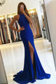 Mermaid Jewel Split Sweep Train Royal Blue Stretch Satin Prom Dress Q98