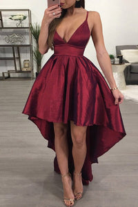 High Low Spaghetti Straps Sleeveless Backless Burgundy Taffeta Prom Dress OHC182 | Cathyprom