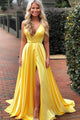 A-Line V-Neck Sweep Train Yellow Satin Prom Dress with Split PD13