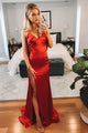 Mermaid V-Neck Backless Sweep Train Red Prom Party Dress with Split LPD92 | Cathyprom