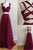 Two Piece Square Sweep Train Criss-Cross Straps Burgundy Chiffon Prom Dress P27