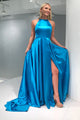A-Line Crew Open Back Sweep Train Blue Prom Dress with Split PD12