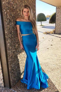 Two Piece Mermaid Off-the-Shoulder Royal Blue Long Prom Dress D24