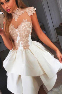 A-Line High Neck Short White Satin Homecoming Dress with Appliques OHM068 | Cathyprom