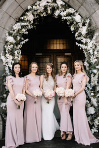 Modest Mermaid Floor Length Chiffon Long Rose Pink Bridesmaid Dress with Sleeves OHS144