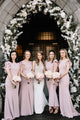Modest Mermaid Floor Length Chiffon Long Rose Pink Bridesmaid Dress with Sleeves OHS144