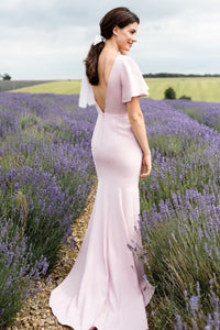 Modest Mermaid Floor Length Chiffon Long Rose Pink Bridesmaid Dress with Sleeves OHS144
