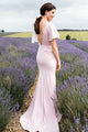 Modest Mermaid Floor Length Chiffon Long Rose Pink Bridesmaid Dress with Sleeves OHS144