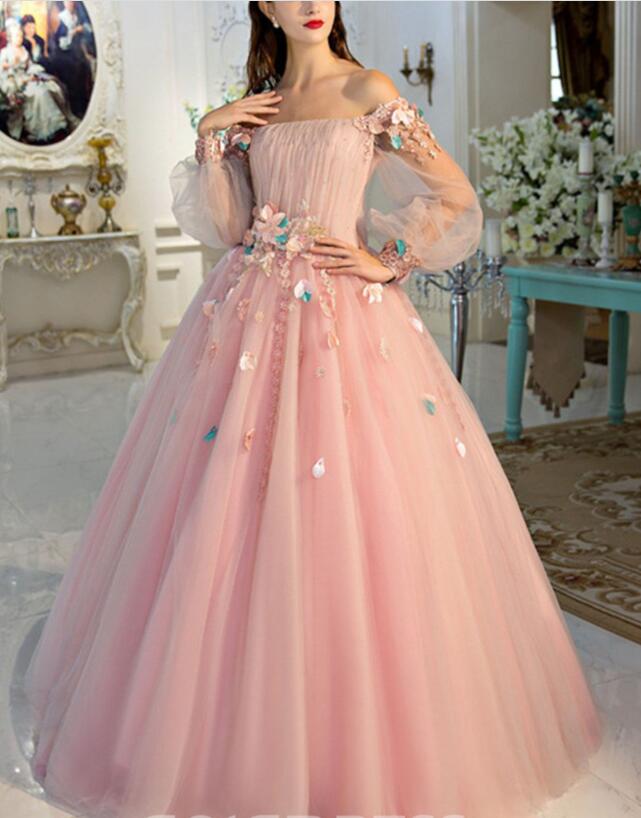 Pink Flowers Puffy Sleeves Tulle Ball Gown Long Prom Dress FP7851 cathyprom Pink Flowers Puffy Sleeves Tulle Ball Gown Long Prom Dress FP7851 cathyprom