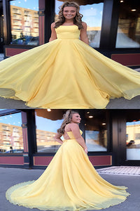Simple Yellow Chiffon Long Prom Dresses Cross Back Sweep Train Evening Dresses P3