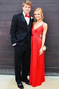 A-line Spaghetti Straps Red Floor-length Stretch Satin Backless Prom Dresses P41