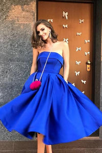 Simple A-Line Strapless Tea-Length Sleeveless Short Satin Prom Dress with Pockets OHC202 | Cathyprom