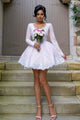 Ball Gown V-Neck Long Sleeves Short Pink Lace Bridesmaid Dress OHS044 | Cathyprom