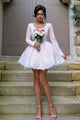 Ball Gown V-Neck Long Sleeves Short Pink Lace Bridesmaid Dress OHS044 | Cathyprom