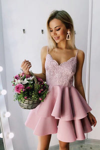 Chic Spaghetti Straps Tiered Pink Short Prom Homecoming Dress with Appliques Beading OHM044 | Cathyprom