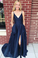A-Line Spaghetti Straps Sweep Train Dark Blue Satin Prom Dress with Split Pockets CAD61 | Cathyprom