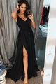 A-Line Spaghetti Straps Floor-Length Black Prom Dress with Split L51 | Cathyprom
