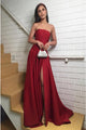 A-Line Strapless Sweep Train Red Satin Prom Dress with Split PD1