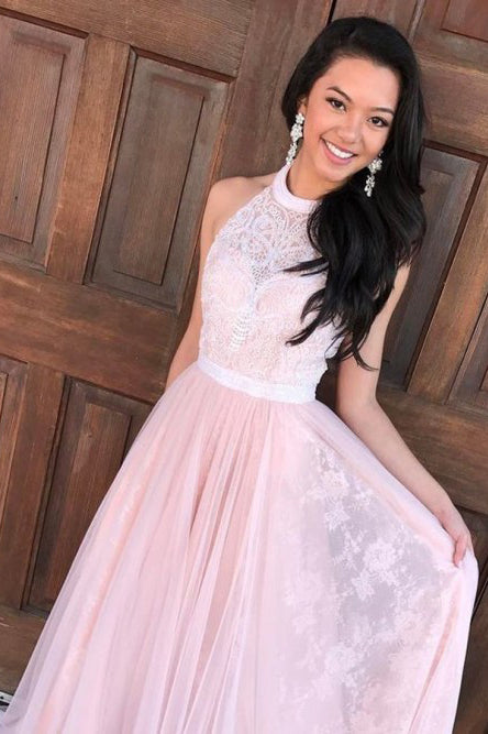 A-Line Halter Floor-Length Pink Tulle Prom Dress with Sash Lace OHC100 cathyprom A-Line Halter Floor-Length Pink Tulle Prom Dress with Sash Lace OHC100 cathyprom