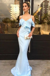 Mermaid Spaghetti Sraps Short Sleeves Floor-Length Blue Prom Dress OHC087 | Cathyprom