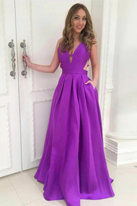 A-Line Deep V-Neck Backless Floor-Length Purple Satin Prom Dress with Pockets OHC019 | Cathyprom