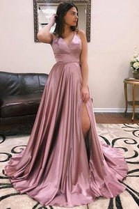Simple A Line Spaghetti Straps Purple Prom Dresses Long Split Front OVR001 | Cathyprom