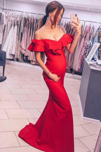 Mermaid Off-the-Shoulder Sweep Train Red Prom Dress with Ruffles LPD95 | Cathyprom