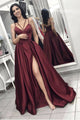 A-Line Spaghetti Straps Sweep Train Burgundy Satin Prom Dress with Pockets Split L53 | Cathyprom