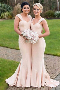 Mermaid Square Sweep Train Champagne Stretch Satin Bridesmaid Dress OHS001 | Cathyprom