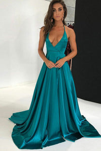 A-Line Deep V-Neck Sweep Train Turquoise Satin Backless Sleeveless Prom Dress C5