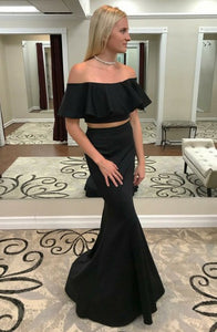Two Piece Off-the-Shoulder Sweep Train Black Satin Prom Dress with Ruffles Z43