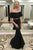 Two Piece Off-the-Shoulder Sweep Train Black Satin Prom Dress with Ruffles Z43