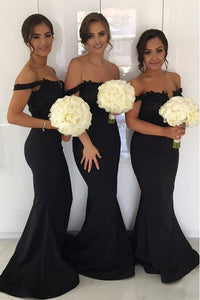 Mermaid Off-the-Shoulder Sweep Train Black Bridesmaid Dress with Appliques OHS023 | Cathyprom