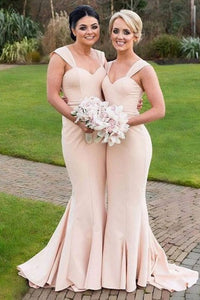 Mermaid Square Sweep Train Champagne Stretch Satin Bridesmaid Dress OHS001 | Cathyprom