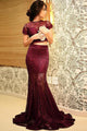 Mermaid Round Neck Short Sleeves Sweep Train Wine Lace Prom Dress OHC090 | Cathyprom