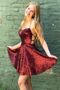 Sparkle Criss-Cross Back Burgundy Sequined Homecoming Party Dress OHM054 | Cathyprom