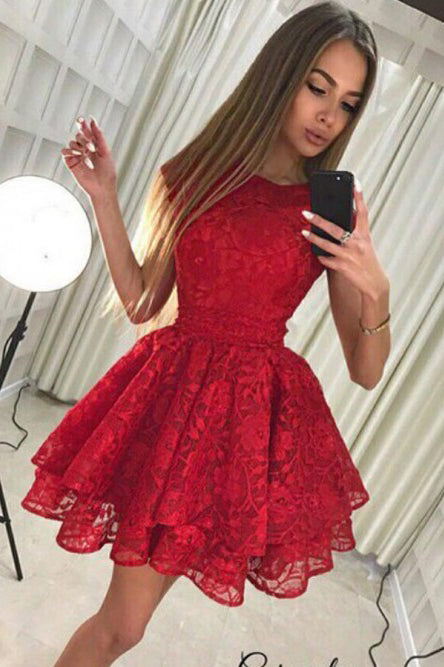 A-Line Jewel Lace Red Pleat Homecoming Dress with Tiered Skirt OHM036 cathyprom A-Line Jewel Lace Red Pleat Homecoming Dress with Tiered Skirt OHM036 cathyprom