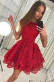 A-Line Jewel Lace Red Pleat Homecoming Dress with Tiered Skirt OHM036 | Cathyprom