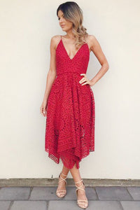 A-line Spaghetti Straps Red Lace Tea-length Prom/Homecoming Dress P39