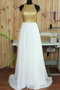 Simple A-line Round Neck Sweep Train Open Back White Prom Dress with Sequins LPD43 | Cathyprom