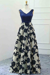 A-Line V-Neck Floor-Length Navy Blue Tulle Sleeveless Prom Dress with Appliques Q79