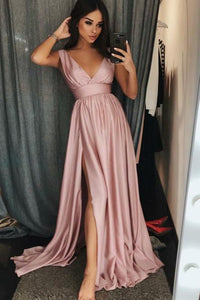 A-Line V-Neck Sweep Train Pink Prom Dress with Pleats Split OHC007 | Cathyprom